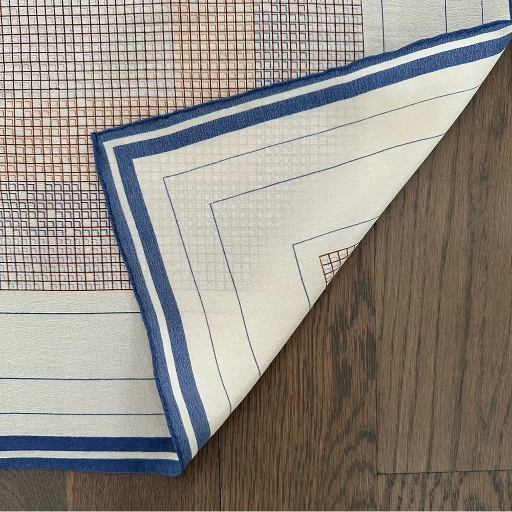 Vintage Anthro 100% Silk Crepe Scarf Grid Print Cream, Rust, Blue 34